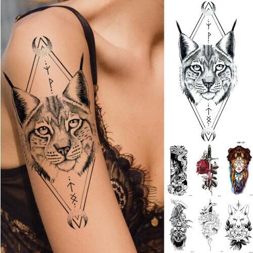 Waterproof Temporary Tattoo Sticker Geometric Cat Wolf Death Flash Tattoos Snake Totem Body Art Arm Fake Tatoo Women Men
