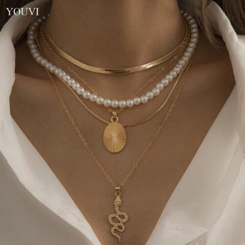 YOUVI Baroque Imitation Pearl Beaded Chains Necklace 3PCS Flat Blade Snake Chain Choker Necklaces Goth Crystal Snake Jewelry