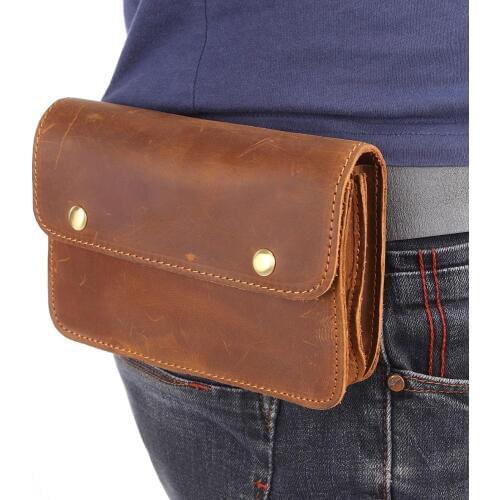 Mens Fanny Waist Bag Crazy Horse Genuine Leather Waist Packs Belt Loop Hip Hook Bum Bag Handmade Travel Small Phone Waist Pouch