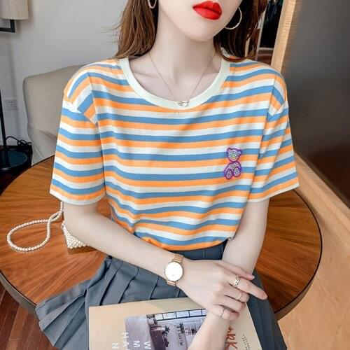 Summer New Korean Fashion Loose Women T shirt rainbow stripe Women O-neck T-shirts Tops Temperament Women T shirt 2021 tops