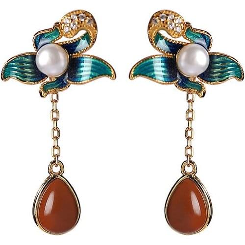 S925 sterling silver gold plated southern red Agate Pearl flower earrings cloisonne vintage womens drop-shaped earrings