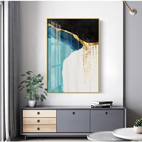 Abstract Blue watercolor Canvas Print Paintings Golden lines Poster Nordic Wall Art Pictures on Canvas Living Room Home Decor