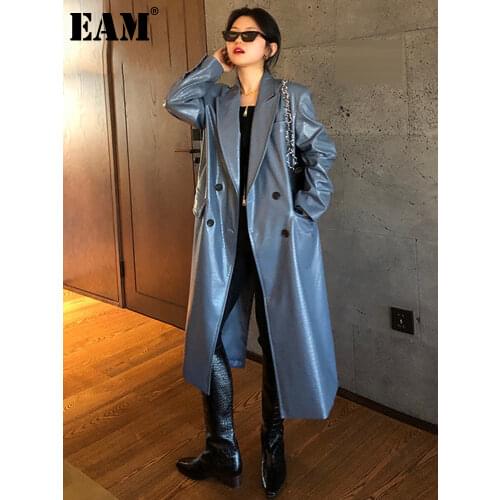 [EAM] Women Blue Pu Leather Big Size Long Trench New Lapel Long Sleeve Loose Fit Windbreaker Fashion Spring Autumn 2021 1DD6445