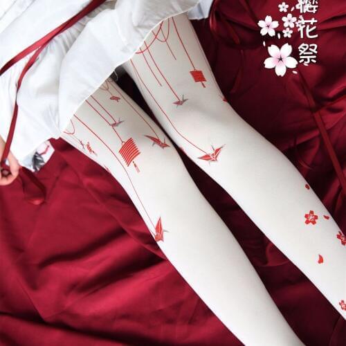 Happy Hallween 120D Velvet Lolita Cosplay Tights, Japanese Sakura Matsuri Pattern Printed Tights
