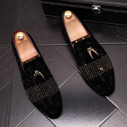 ERRFC New Arrival Luxury Mens Black Casual Loafer Shoes Trending Fashion Slip On Rhinestone Charm Tassel Party Show Shoes 38-43