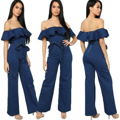 Fashion 2020 New Denim Romper Women Jumpsuit Sexy Off Shoulder Ruffle Playsuit Wide Leg Pants Overalls Ladies Clothing Blue