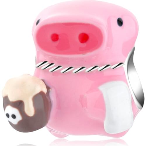 AGATA Original Charms 925 Silver with Handmade Enamel Cute Pink Hotel Security Piggy DIY Beads for Pandora Bracelet Making