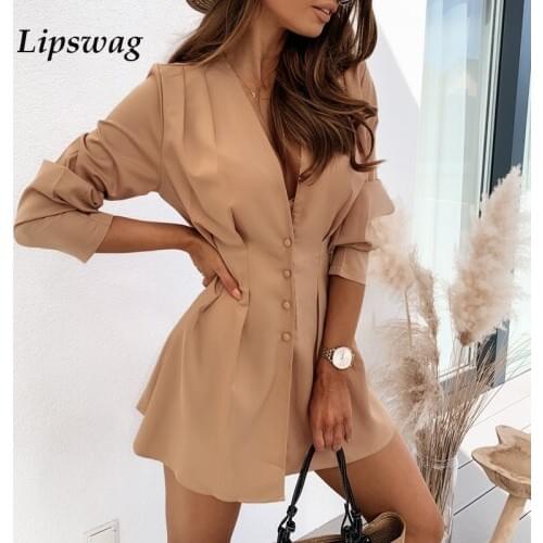 Autumn Sexy Deep V Button Mini Dress Women Casual Long Sleeve Office Lady Shirt Dress Elegant Slim Pleated Party Dress Vestidos