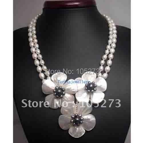 DOUBLE-STRAND NECKLACE&EARRING WITH PEARL&MOP FLOWER NECKLACE FASHION JEWELRY SET NEW FREE SHIPPING FN518