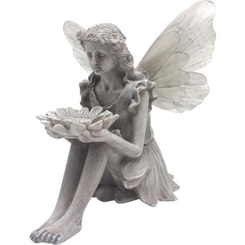 Sunflower Fairy Statue Feeder Outdoor Garden Resin Solar Light Sunflower Fairy Statue Solar Lighting Wings Ornament Garden Decor