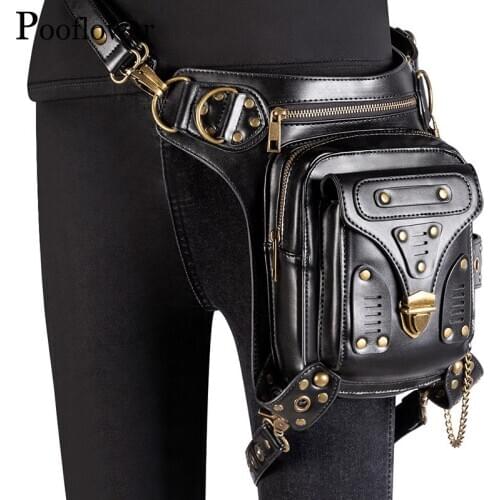 Pooflower Women Bum Bag PU Leather Punk Men Waist Bag Vintage Leg Bag Outdoor Multifunction Pack Corssbody Bag Phone Pouch ZH088