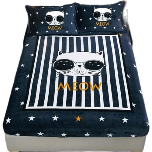 Luxury Cat Printed Sheet +Pillowcase Mattress Covers Velvet Fitted Sheet Sets With Elastic