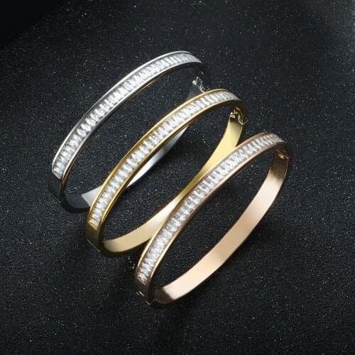 6mm Luxury Square Rhinestone Bangles Bracelets For Women Men Fashion Stainless Steel Cuff Bangle Couple Wedding Party Jewelry