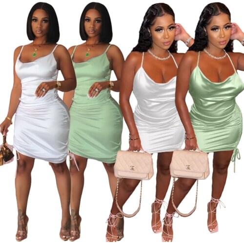 Echoine Silk Soft Strap Mini Dresses Lace Up Drawsting Pleated Sexy Party Club Dresses Elegant White Green Vintage Vestidos