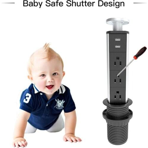 US Plug Baby Safe Desigh Table Desktop Retractable Socket Outlet Aluminum PULL POP UP 2 USB Charge Port Office Home Kitchen