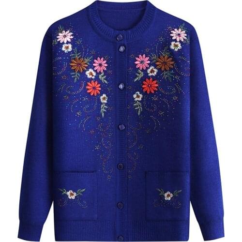 Grandma Embroidered Knit Cardigan Jacket 2021 Fall/Winter Fashion O Neck Single Breasted Sweater Tops 2 Pocket Mother Cardigans