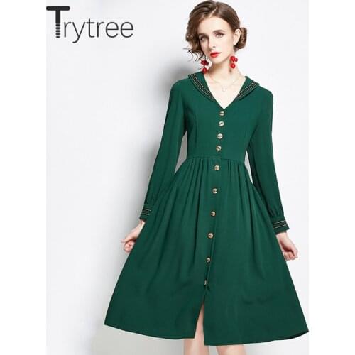 Trytree 2020 Spring Autumn Womens Dress Casual Turn-down Collar Silky Diamond Buttons Office Lady Vintage Green Shirt Dress