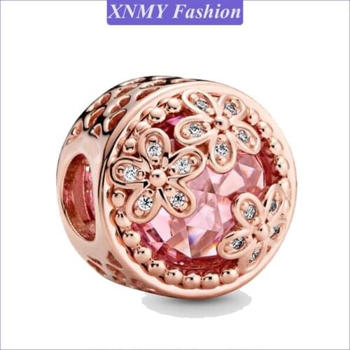 XNMY Rose Gold Color Pink Murano Glass Magnolia Flower Enamel Charm Fits Pandora Snake Bracelet Valentines Day Gift