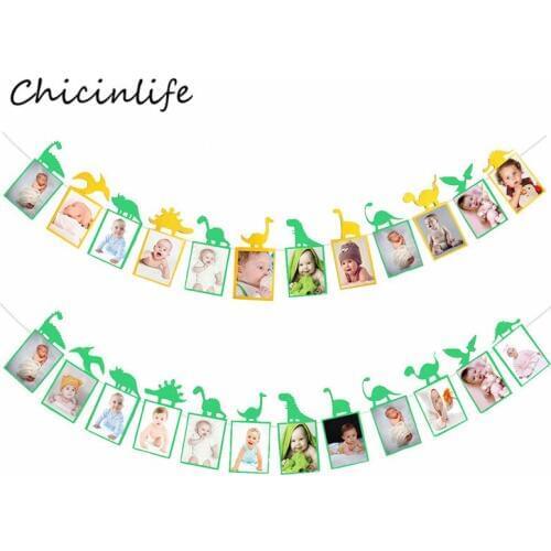Chicinlife Green Yellow Dinosaur Photo Banner Baby Shower Kids Birthday Party Decoration 12 Months Dinosaur Photo Booth Banner