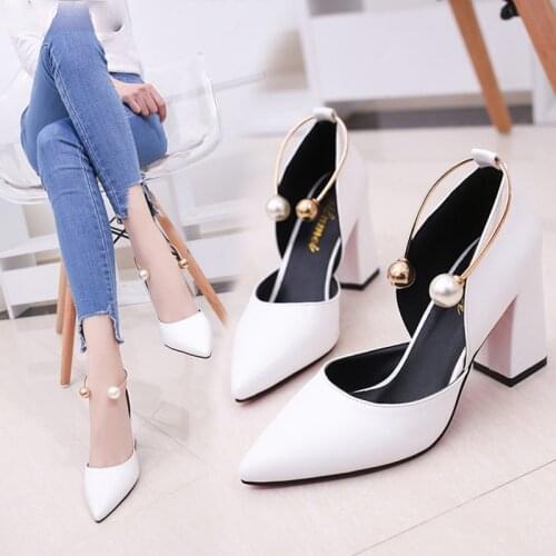 Women Pumps Elegant Pearl High Heels 2021 New White Thick With Single Shoes Middle Hollow Fashion Simple Woman Work Shoes