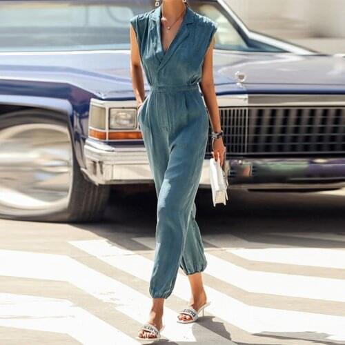 Summer Sleeveless High Waist Womens Jumpsuit Solid Elegant Notched Neck Female Jumpsuits 2021 New Fashion Office Ladies Rompers