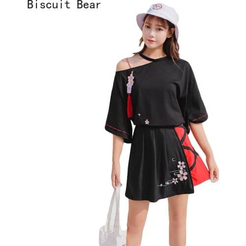 2 Pieces Sweet Set Womens Set Floral Embroidery Asymmertric Short Sleeve Black T-shirt + Elastic Waist Mini Skirt Girls Suits