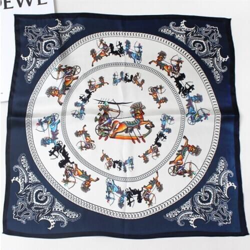 POBING 100% Pure Silk Scarf For Ladies Horse Carriage Print Square Scarves Small Head Handkerchief Wholesale Hijab Wraps 53X53CM