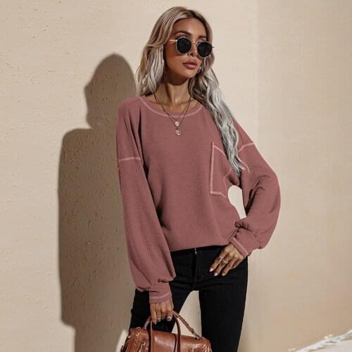 Women Loose Style Pullover Sweatshirts Solid Color Long Sleeve Round Collar Tops with Pocket Casual Autumn Spring Female New