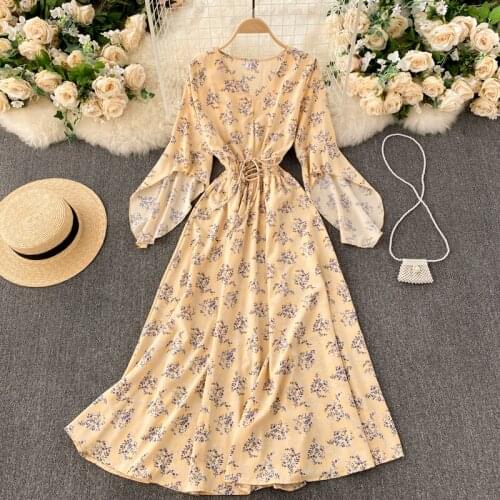 Vintage Korean floral lotus leaf dress with waist and cross tieWomen Dress 2021 Summer V-neck Lace-up Female Dress