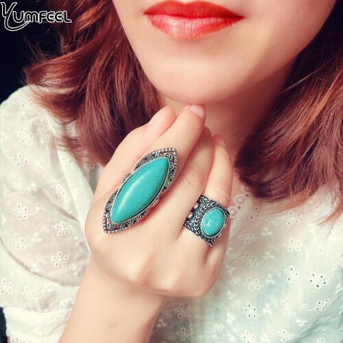 Yumfeel Brand New Tibetan Silver Vintage Turquoise Ring Women 3 Model Choice Finger Ring Jewelry