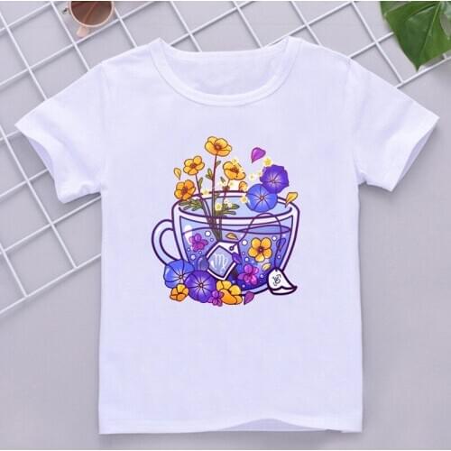 Virgo Zodiac Teacup Kids T-Shirt 2021 New Summer T-Shirt Short Sleeve White Tshirt Baby Girl/Boy Cute Flowers Print Top Tees