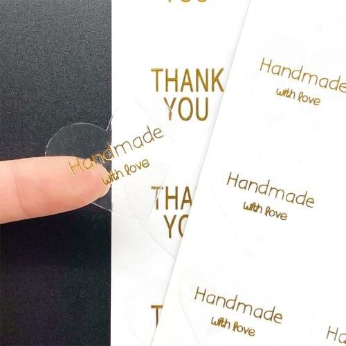 100pcs hot stamping thank you Transparent Heart Handmade with love sealing sticker Self-Adhesive DIY Decoration Package Label