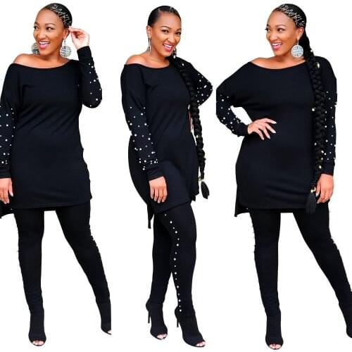 African Sets For Women 2021 Long Sleeve Beading Black African Elastic Bazin Baggy Pants Rock Style Dashiki Famous Suit Lady