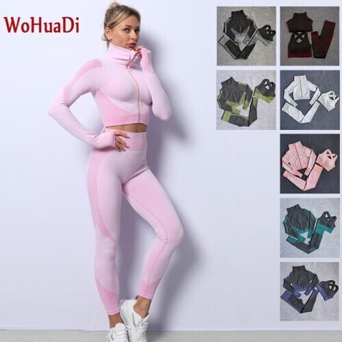 WOHUADI Womens Sportswear Set Yoga Sets Female Sport Gym Wear Running Fitness Long Sleeve Shirt+Bra+Leggings Dropshipping