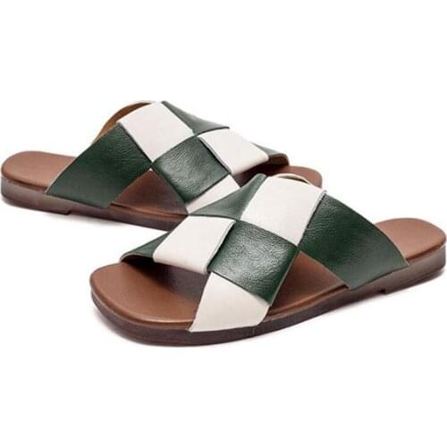 Leather Ladies Slippers Summer Flat Shoes Women Color Block Casual Sandals Lady Flip Flops Simple Home Holiday Beach Shoe Slides