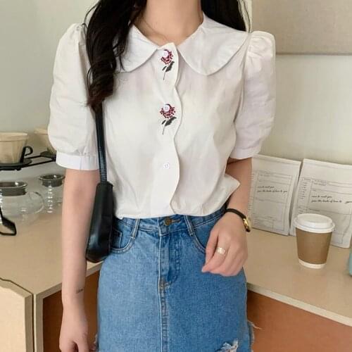 Summer new style Korean embroidered puff sleeve polo collar short sleeve retro loose shirt