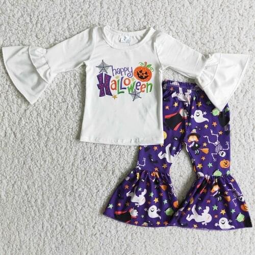 Hot Sale Kids Designer Clothes Girls Bell Bottom Outfits Pumpkin Toddler Baby Girl Boutique Clothing Suit Halloween Fall Kid Set