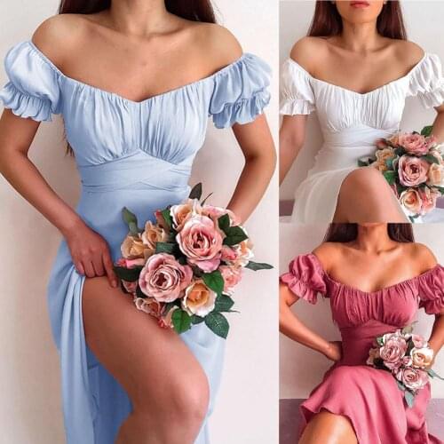 Hot Sales!!! Sexy Women Dress Off Shoulder Solid Color Short Sleeve Waist Tight Large Hem Midi Dress for Party