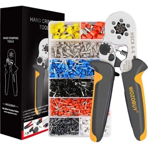 Ferrule Crimping Tool Kit, WOZOBUY Silver Hexagonal Sawtooth Self-Adjustable Ratchet Wire Terminals Crimper Kit With Terminals