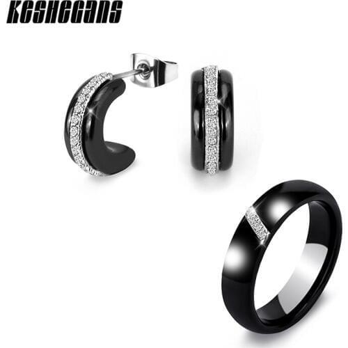 New Fashion Jewelry Set Mystic Cubic Zircon Earrings And Ring Crystal Rhinestone For Women Classic Black White Ceramic Set Gift