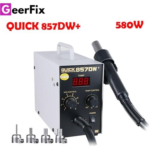 QUICK 857DW+ Soldering Station Rework Iron Hot Air Gun With Helical Wind 580W Digital Display Electric SMD BGA Rework Station