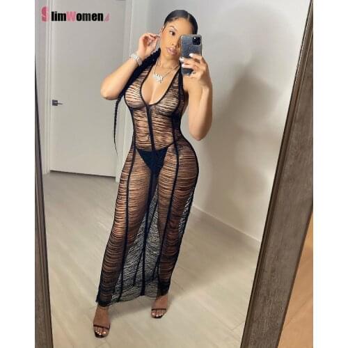 Sexy Women Long Knitted Maxi Dress Halter Backless V Neck Floor Length Crocheted Dresses Hollow Out Bodycon Beach Robe Dress XXL
