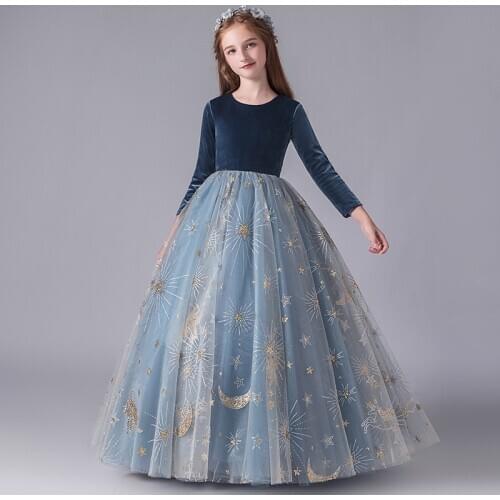 Flower Girl Dresses Princess Full Sequined Floor-Length Luxury Grayish Blue Ball Gown O-Neck Tulle Lace Kids Party Skirt H114