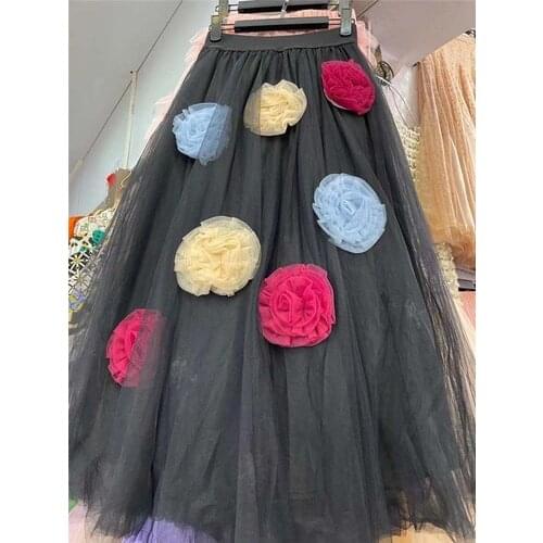 Handmade Three-Dimensional Flower Mesh Bubble Skirt Woman Summer New High Waist A- Line Midi Princess Skirts Girls Ladies
