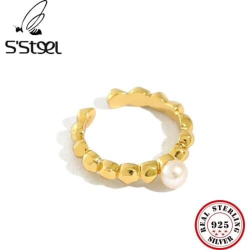 SSTEEL Freshwater Pearl Rings 925 Sterling Silver For Women Korean Minimalist Irregular Round Ring Anillos Mujer Plata Jewelry