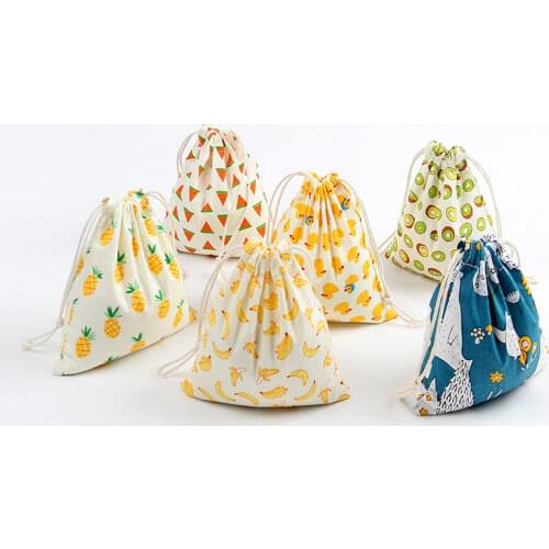 Little Fruit Cotton Linen Drawstring Bag Tea Candy Festival Gift Packaging Bag Women Home Storage Banana Watermelon Kiwi Bags