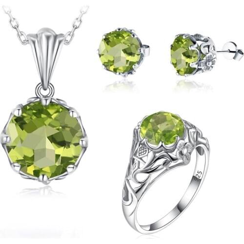 Szjinao Silver Jewelry Sets For Women Real 925 Sterling Silver Boho Flower Carve Peridot Pendant Earrings Ring Set Fine Jewelry
