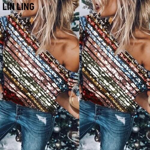 LINLING Trendy One Neck Slant Shoulder T-shirt for Women Color Sequin Slim Sexy Short Sleeve Lined Top