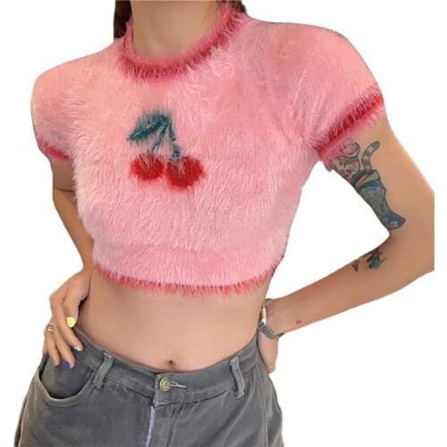 Women Casual Short Sleeve T-shirt Fashion Cherry Pattern Exposed Navel Knitted Pullover Tops, S/M/L