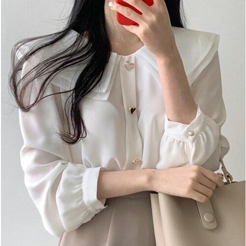 LJSXLS Double-layer Collar Chiffon Blouse Women Fashion Button Long Sleeve Shirt Female Spring Summer White Loose Womens Tops